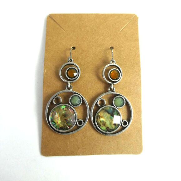 Silver Tone Abalone Shell Rhinestone Jeweled Dangle Earrings Pierced Circle - Picture 1 of 7